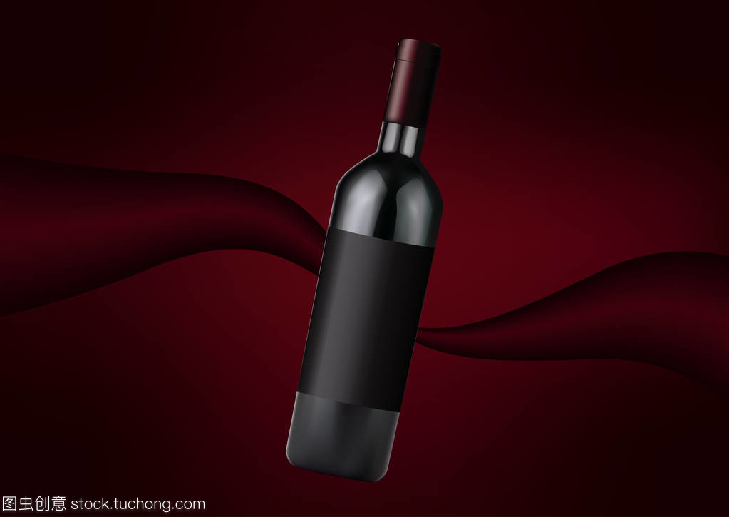 矢量逼真的红酒瓶, 酒类产品。玻璃瓶子在逼真的风格。孤立对象, 深红色时尚抽象背景